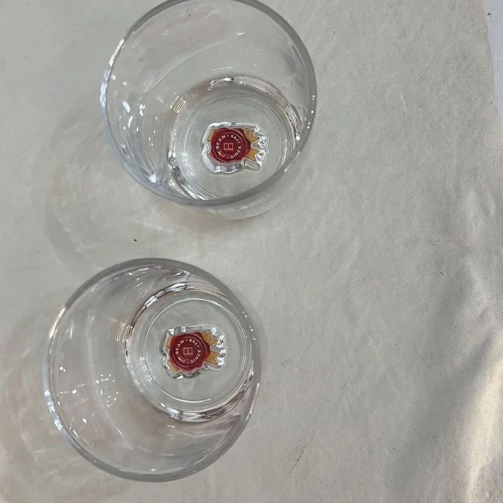 Jim Beam Rocks Glasses 8 Oz Each 3 1/2 In Tall 3 In Round Set 2 Red Gold Logo